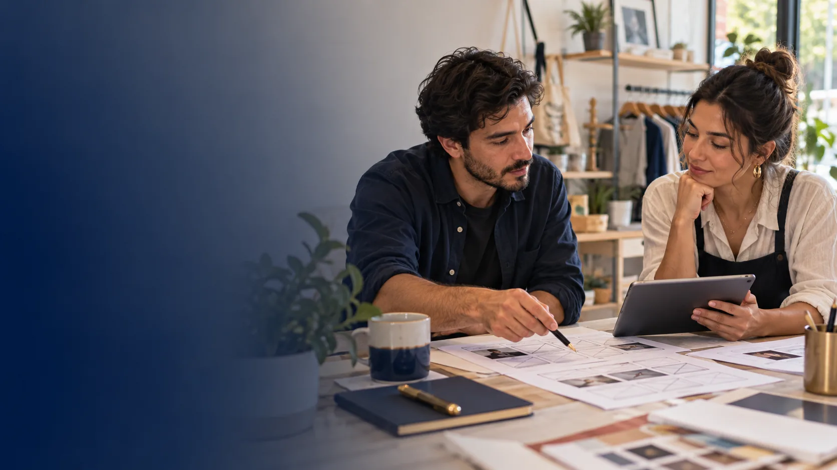 Profesional y clienta revisan juntos el diseño de un proyecto digital