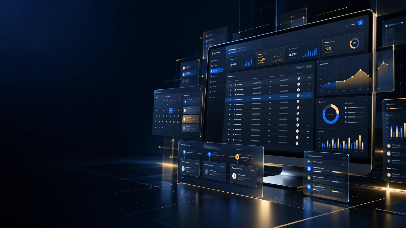 Interfaz de software empresarial con panel de gestión y datos